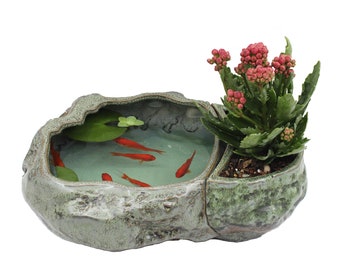 Premium 2-in-1 Aqua Planter Pot Bonsai Lotus Pot, Succulent Planter, Ceramic with Decorative Patina Glaze, Goldfish Pot