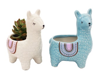 Alpaca Succulent Pots, 2 Pc. Set Animal Planter, Decorative Ceramic Planters for Indoor Home Decor  Living Room Kitchen or Outdoor Garden