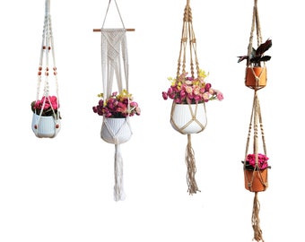 May include: Four macrame plant hangers with different styles and colors. The hangers are made of natural fibers and have a rustic look. They are perfect for adding a touch of bohemian style to your home.