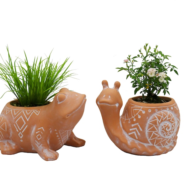 Terracotta Animal Planter Succulent Pots, Frog Snail Pots 2-Pack, Cute Garden Decor, 2.5 Inch Pots