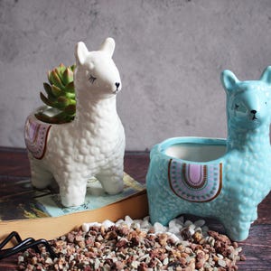 May include: Two ceramic llama planters, one white and one light blue, each with a textured surface. The white llama holds a succulent plant. Both planters have decorative saddle designs. The planters are on a wooden surface.