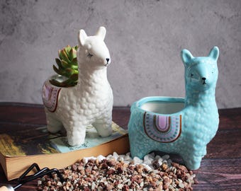 Op de afbeelding: Twee keramische lama-plantenbakken, één witte en één lichtblauwe, elk met een textuur. De witte lama bevat een vetplant. Beide plantenbakken hebben decoratieve zadelontwerpen. De plantenbakken staan op een houten oppervlak.