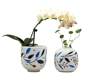 5 Inch Ceramic Planter Pot with Matching Vase Painted Leave Pattern