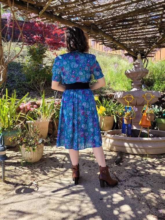 Bright Teal Floral Dress // Vintage 1980s / Blue … - image 4