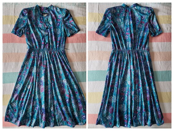 Bright Teal Floral Dress // Vintage 1980s / Blue … - image 7