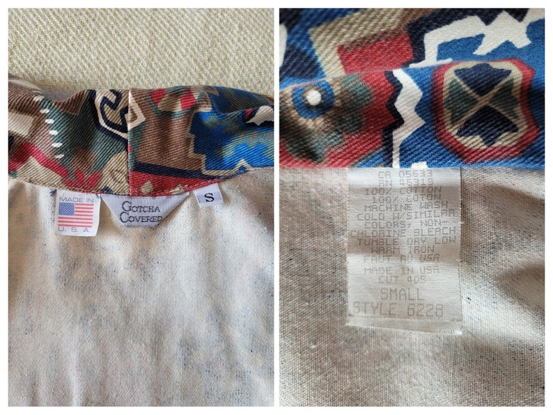 May include: A white cotton shirt with a colorful geometric pattern. The shirt has a tag that reads "Gotcha Covered" and "Made in USA". The tag also includes the size "S" and style number "6228".