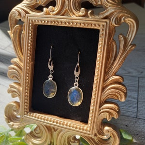 May include: A pair of silver drop earrings with oval, iridescent blue and yellow gemstones. The earrings are displayed in a gold ornate frame with a black background, showcasing the jewelry's elegant design.