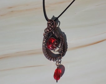 Gothic Antiqued Copper Ruby Inspired Wire Wrap Pendant with Crystal Drop