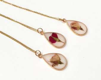 Resin Flower Necklace/Pendant/Jewelry - Gold - Dried Pressed Miniature Rose - Handmade - Real Flowers