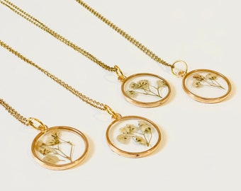 Resin Flower Necklace: Gold, Real Dried Baby's Breath Flowers, Handmade