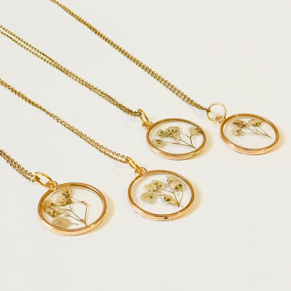Resin Flower Necklace/Pendant/Jewelry - Gold - Dried Pressed Baby’s Breath Flower - Handmade - Real Flowers