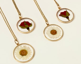Resin Flower Necklace/Pendant/Jewelry - Gold - Dried Pressed Miniature Rose / Daisy - Handmade - Real Flowers