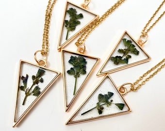Handmade Pressed Sage Flower Resin Necklace: Gold Triangle Pendant