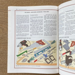 May include: A colorful illustration of a carpenter's basic tool box. The tools include a measuring tape, pry bar, hammer, chisel, saw, level, square, wrench, and C-clamp. The text 'Start with a core of basic tools, this collection will handle most simple projects.' is at the bottom of the image.