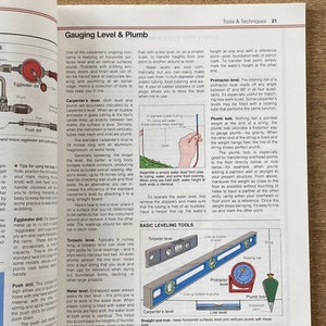 May include: A collection of tools used for gauging level and plumb, including a torpedo level, carpenter's level, line level, protractor level, and plumb bob. The tools are illustrated with diagrams and descriptions of their uses.