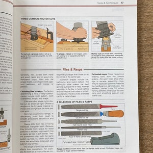 May include: A diagram illustrating three common router cuts: a groove, a rabbet, and a mortise. The diagram also shows a selection of files and rasps, including single-cut, double-cut, half-round wood, rattail, four-in-hand, and perforated rasps.