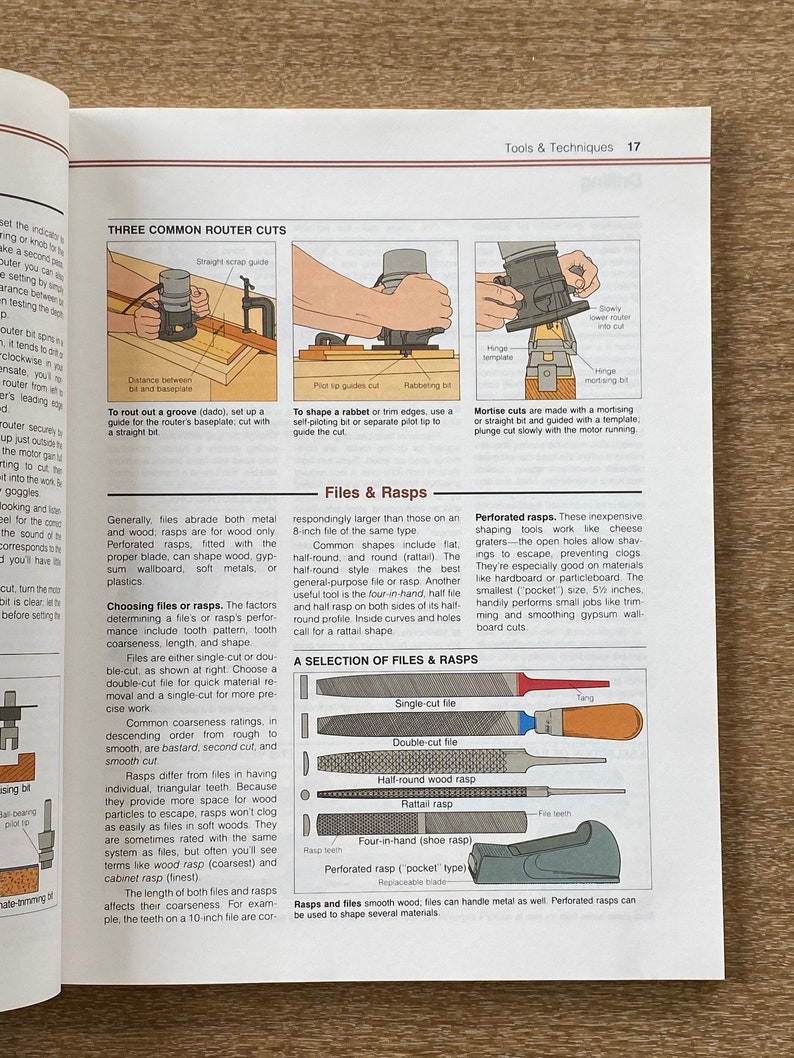 May include: A diagram illustrating three common router cuts: a groove, a rabbet, and a mortise. The diagram also shows a selection of files and rasps, including single-cut, double-cut, half-round wood, rattail, four-in-hand, and perforated rasps.