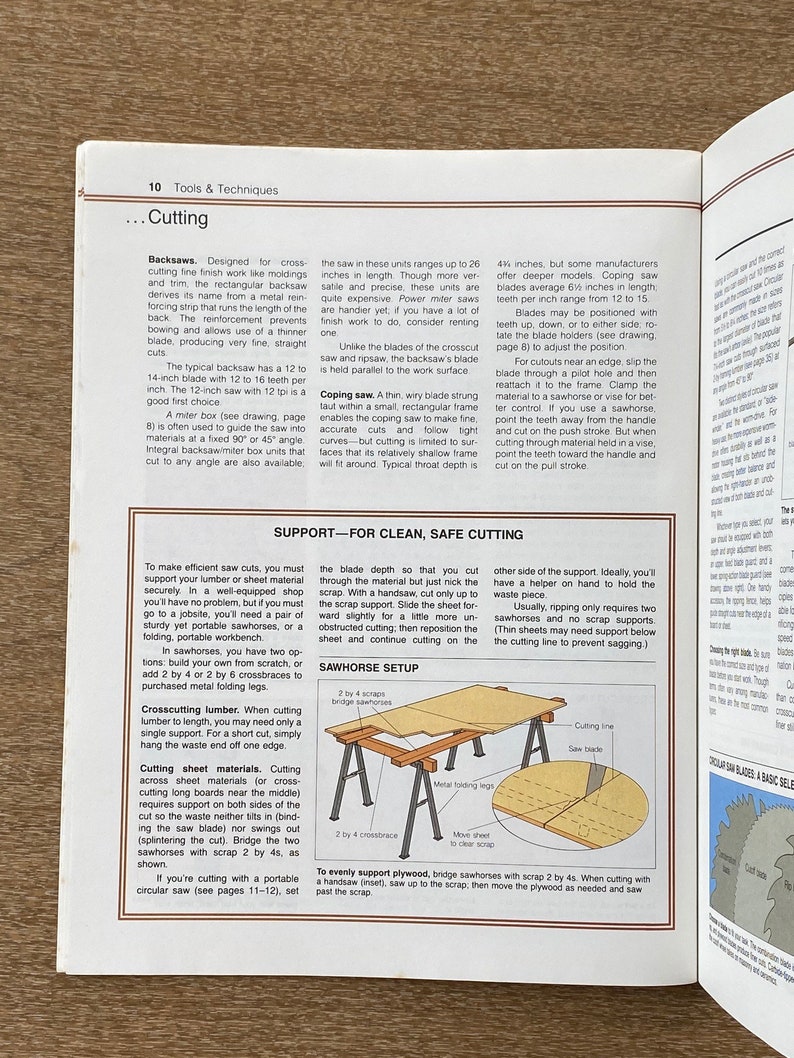 May include: A diagram showing how to build a sawhorse for woodworking. The sawhorse is made of 2 by 4 inch lumber and has metal folding legs. The diagram shows the sawhorse with a piece of plywood on top, and a cutting line marked on the plywood.