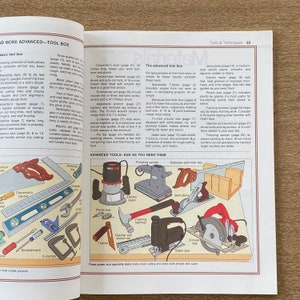 May include: An illustration of a variety of tools for woodworking, including a carpenter's square, a level, a hammer, a saw, a screwdriver, a wrench, a clamp, a router, a sander, a miter box, and a plumb bob. The tools are arranged in a grid pattern and labeled with their names. The text "Advanced Tools: Add as you need them" is at the top of the image.