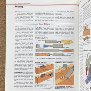 May include: A page from a woodworking book showing different types of chisels, including bench chisels, firmer chisels, and mortise chisels. The page also includes illustrations of how to shape a notch and a hinge mortise.
