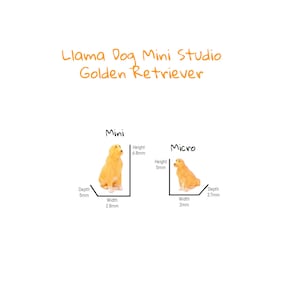 Puede incluir: Dos figuritas de golden retriever en miniatura, una etiquetada como "Mini" y la otra como "Micro", con medidas en mil&iacute;metros para la altura, el ancho y la profundidad.