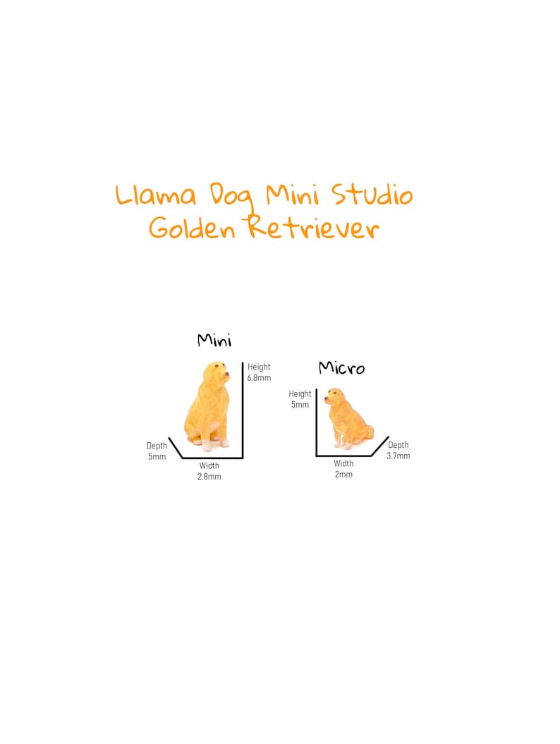 Puede incluir: Dos figuritas de golden retriever en miniatura, una etiquetada como "Mini" y la otra como "Micro", con medidas en mil&iacute;metros para la altura, el ancho y la profundidad.