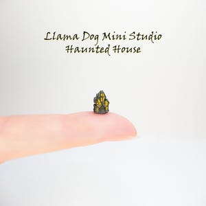May include: A miniature haunted house with yellow glowing windows and a dark grey exterior. The text "Llama Dog Mini Studio Haunted House" is above the miniature house. The house is resting on a finger.