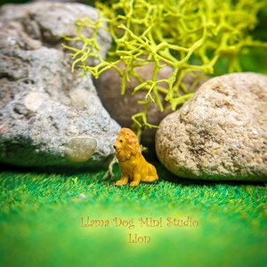 K&ouml;nnte beinhalten: Eine kleine, gelbe Plastik-L&ouml;wenfigur, die auf gr&uuml;nem Gras mit Steinen und gr&uuml;nem Moos im Hintergrund sitzt. Der Text "Llama Dog Mini Studio Lion" ist unterhalb der Figur sichtbar.
