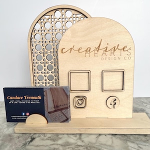 Personalized Wooden Business Card & QR Code Stand – Custom Logo Social Media Links
