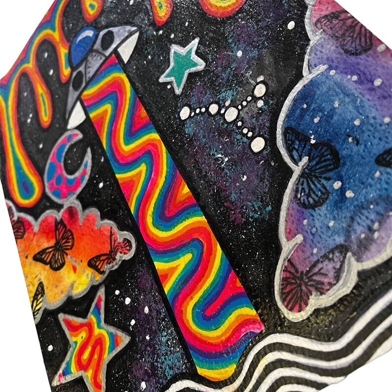 Hand-Painted Trippy UFO Art – Rainbow Room Decor (A4 Size) image 2