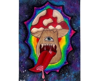 Hand-Painted Trippy Mushroom Art – Psychedelic Galaxy Poster 14x10”