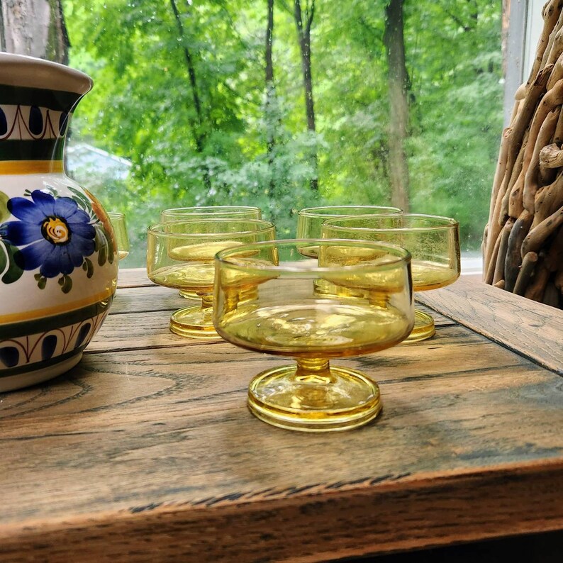 MCM Pedestal Glasses Set 6 Amber Glass Footed Cocktail Cups Etsy