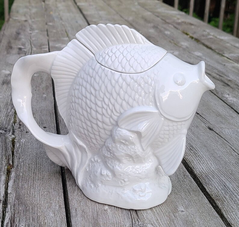 Takahashi white teapot. Fish embossed ceramic tea pot Fishing Etsy