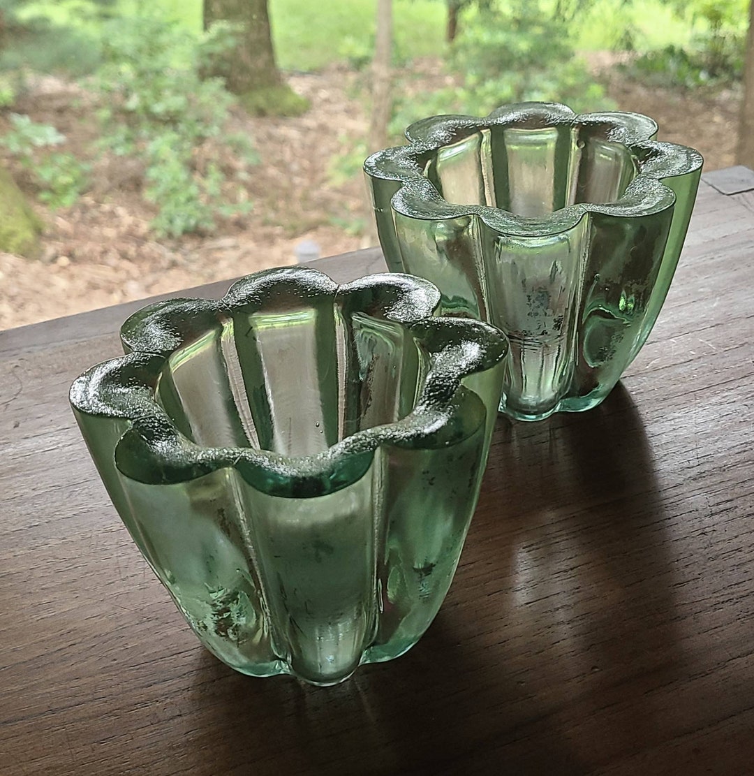 2 Large Floral Candle Holders Glass Sculptures. Handmade Emerald Green