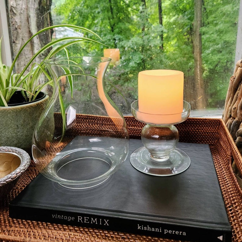 Blown Glass Hurricane Candle Holder. Pedestal Pillar Candle Etsy