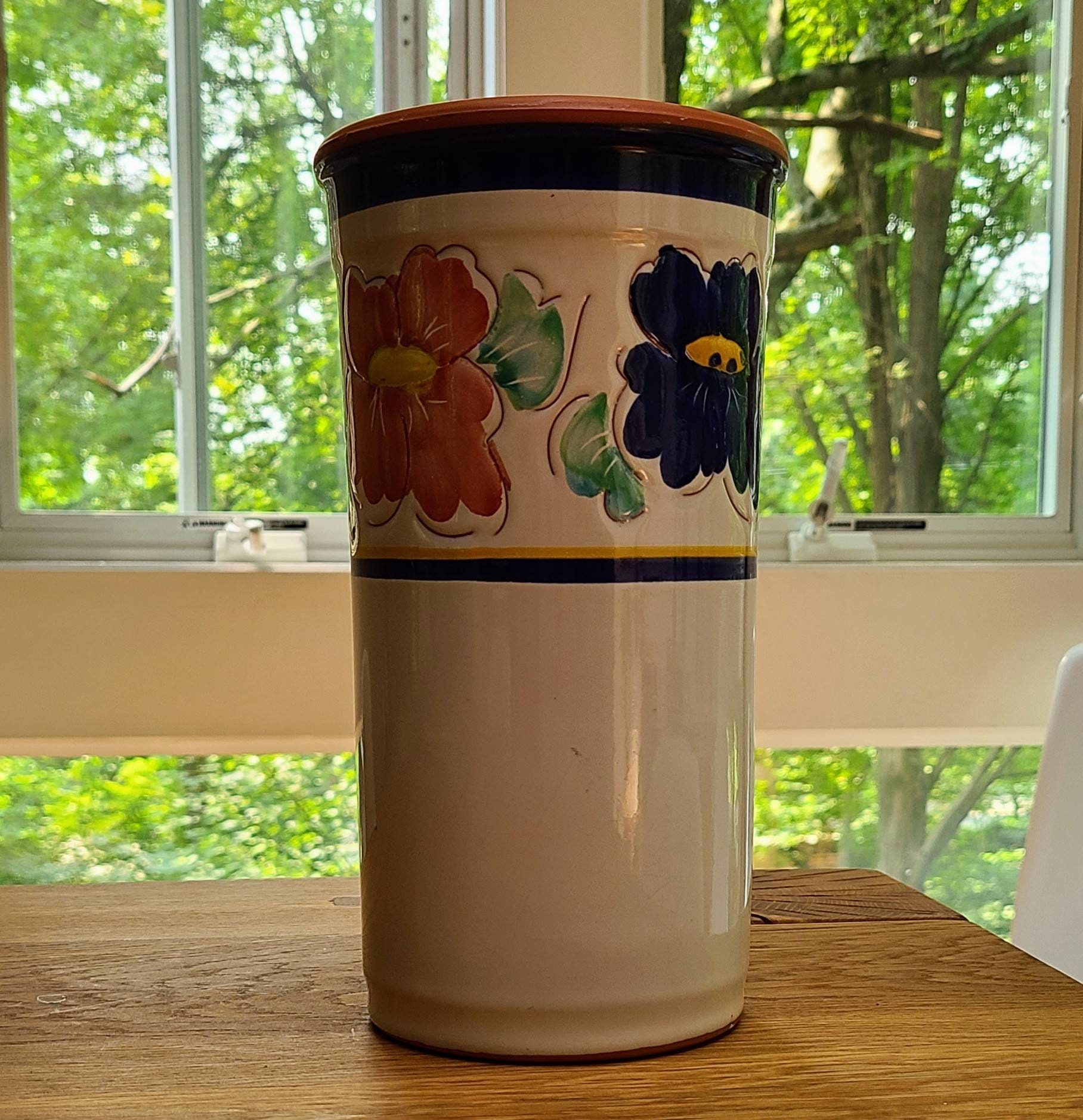 Vintage handpainted terracotta wine bottle cooler. Blue gourmet cold