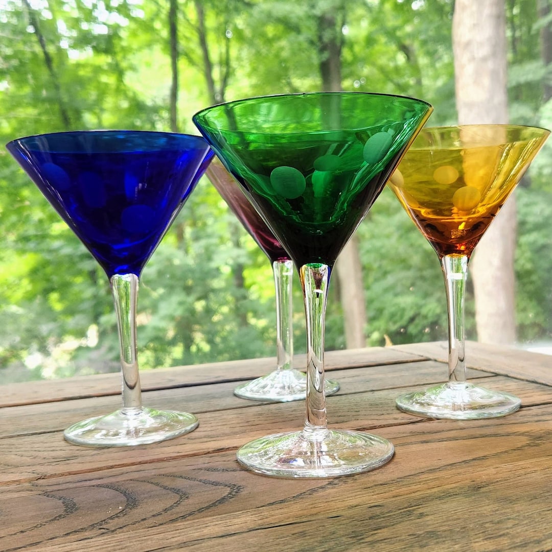 MCM Set of 4 Colored Martini Glasses. Small Gradient W/ Polkadots Fun  Vintage Barware Blown Glassware. Wedding Gift Housewarming Bar Decor 