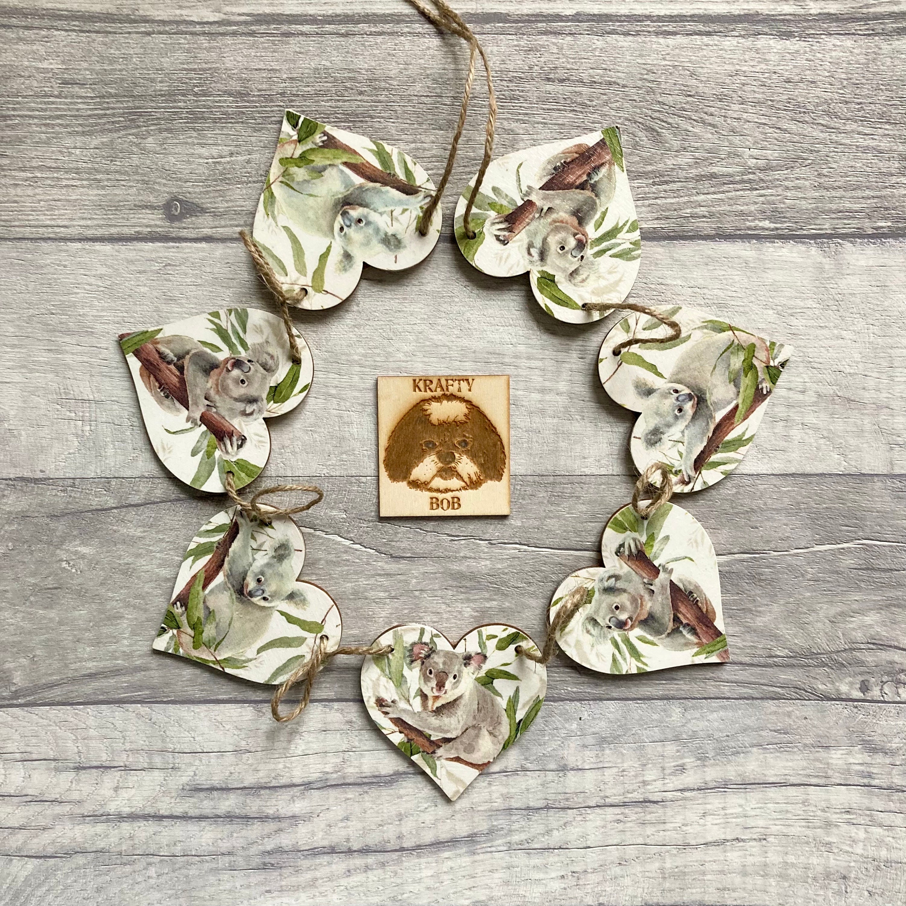 Koala Bunting, Wooden Heart Garland for Animal Lover, Australia Themed Wall Decor, Koala Gifts
