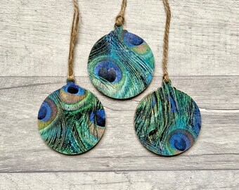 Peacock Feather Baubles, Tropical Bird Decorations for Christmas Tree, Set of 3 Wooden Ornaments