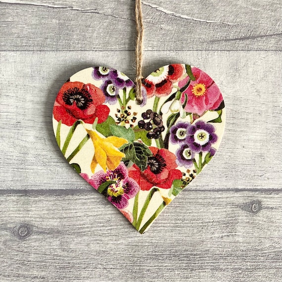 Emma Bridgewater Spring Floral Decoration, Wooden Heart Ornament for Gardener, Botanical Wall Decor