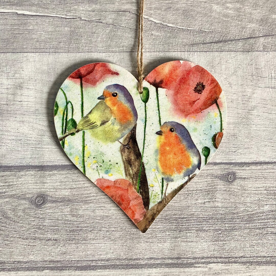 Robin Decoration, Wooden Poppy Ornament, Garden Bird Wall Decor, Robin ...
