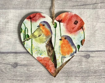 Robin Decoration, Wooden Poppy Ornament, Garden Bird Wall Decor, Robin Gifts