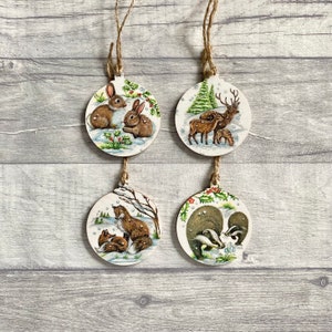 Winter Woodland Animal Decorations, Forest Animal Ornaments for Christmas Tree, Set of 4 Baubles image 1