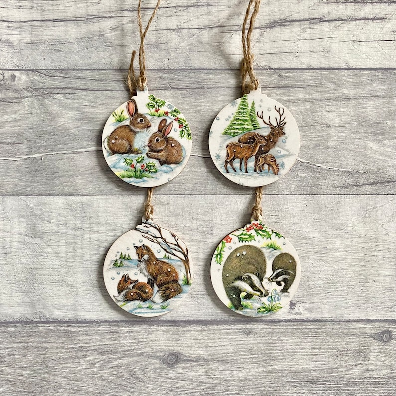 Winter Woodland Animal Decorations, Forest Animal Ornaments for Christmas Tree, Set of 4 Baubles image 1