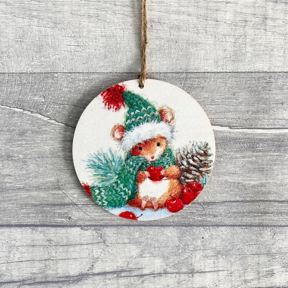 Christmas Mouse Decoration, Wooden Winter Ornament for Animal Lover, Festive Mouse Gifts