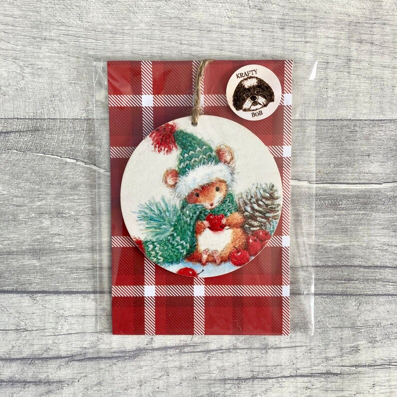 Christmas Mouse Decoration, Wooden Winter Ornament for Animal Lover, Festive Mouse Gifts image 2