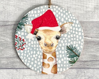 Christmas Giraffe Decoration, Wooden Safari Ornament, Festive Giraffe Gifts for Animal Lover