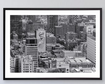 Zwart-wit kunstfoto van Montreal, muurschildering van Leonard Cohen, wandkunst van Montreal, fotoprint van Canada, cadeau-idee