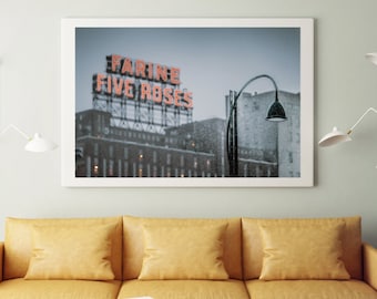 Winterkunstfoto van Montreal, Farine Five Roses, industriële decoratie, wandkunst Montreal, Canada print