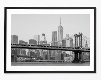 Fotografía en blanco y negro de Nueva York | Puente de Manhattan y Torre de la Libertad | Foto del autor, impresión de alta calidad